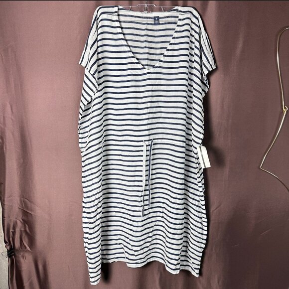 Lands' End Women's M‎ LONG Short Sleeve Gathered Waist Swim Cover-up Dress - Picture 1 of 11